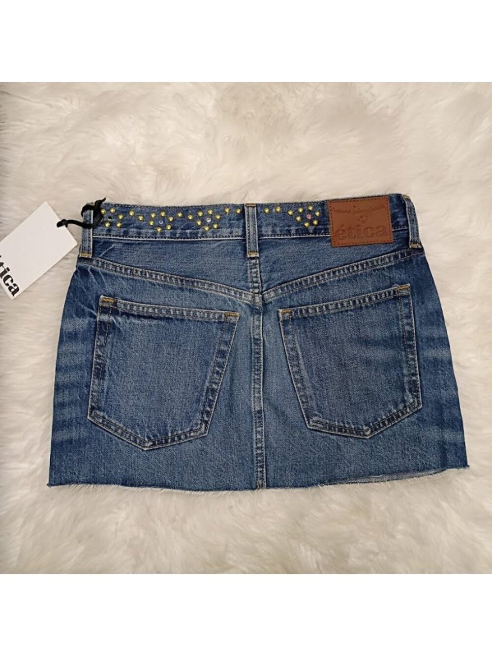 Ética Womens Denim Mini Skirt Blue Size 24 Organic Cotton Studded Frayed Hem New - Picture 3 of 15